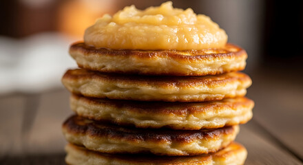 Close-up of golden-brown pancakes stacked high, topped with a dollop of applesauce, on a wooden surface