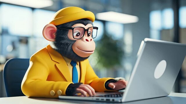 An adorable cartoon monkey wearing glasses and business attire works with a laptop in an office