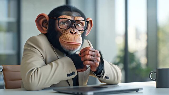 An adorable cartoon monkey wearing glasses and business attire works with a laptop in an office
