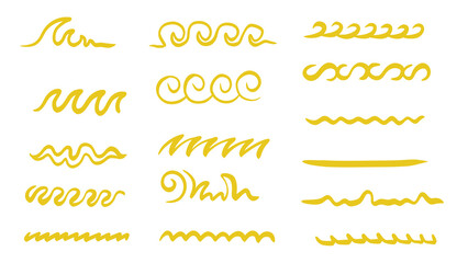 Yellow Wave Lines Set: Abstract Hand-Drawn Water Dividers, Nautical Borders, Ocean Ripples, Sea Decoration Elements on White Background - Transparent PNG