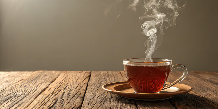 cup of coffee, Hot tea on table, visible steam, cozy mood, neutral background