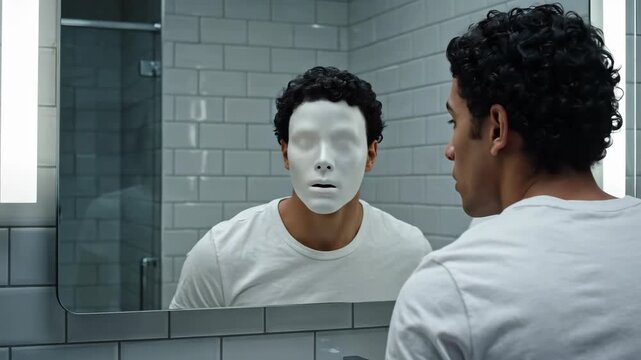 Man looking in mirror sees reflection with faceless mask and distorted identity, a representation of prosopagnosia