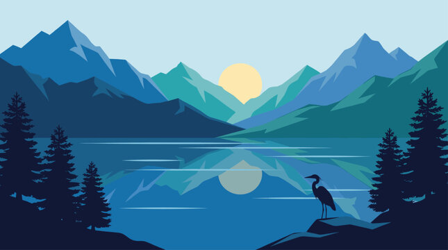 Minimalist Mountain Lake Landscape Vector Illustration in Flat Design with Heron and Sunset