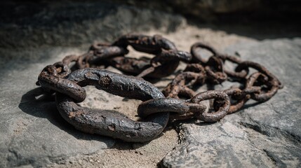 tennessine. Weathered rusted shackles lie on rough stone, chains trailing into shadow. event programs, museum guides, designed for cultural heritage projects and event programs.