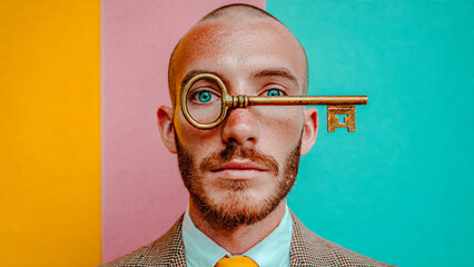 Homme avec cl&eacute; devant le visage comme des lunettes