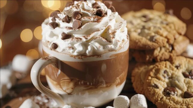 A tempting beverage with whipped cream and sprinkles, accompanied by a plate of mouth-watering cookies.