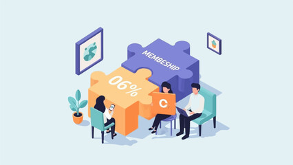 Naklejka premium Three people collaborate on a puzzle representing membership and a percentage