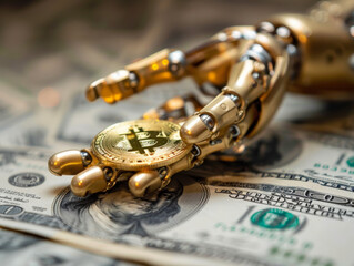 Gold bitcoin coin in robot's hand on blurry background of pile of paper dollars. Symbol of Technology and Finance in Cryptocurrency. Close-up.