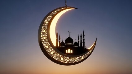Obraz premium Ramadan crescent moon lantern with mosque silhouette at sunset