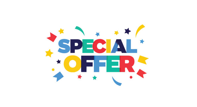 Vibrant 'Special Offer' text in bold, multi-colored letters with playful confetti, perfect for dynamic sales promotions and attracting customer