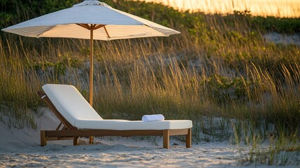 chaise. A white chaise lounge rests under a striped umbrella, golden coastal light warming the sand. travel magazines, destination branding, designed for outdoor magazines and nature guides.