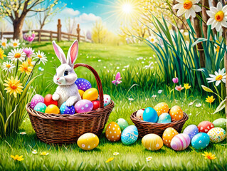 Easter bunny and wicker basket filled with colorful eggs on green lawn on sunny spring day. Easter card, mockup, banner. Copy space.