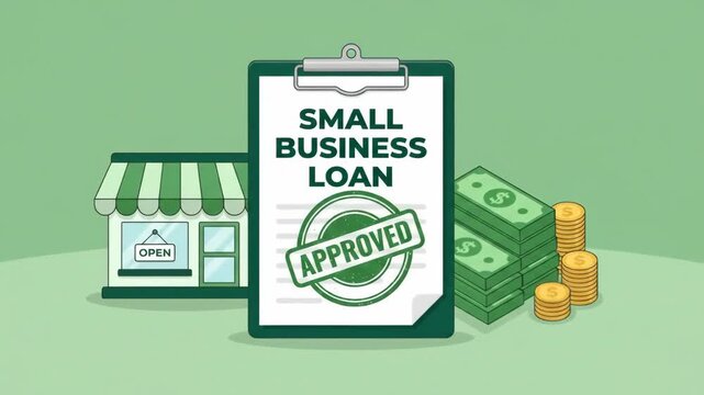 Illustration representing a small business loan with a storefront, clipboard, and cash, Conceptual graphic of business financing and financial support for entrepreneurs