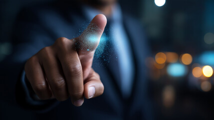 Faceless man using thumb scan finger print digital processing biometric identification access security system internet banking cloud system mobile phone cyber security concept