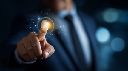 Faceless businessman using fingerprint identification access personal financial data idea electronic know your customer biometrics security innovation technology against digital