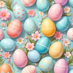 bunte pastellfarbene Ostereier mit Blumen - hellblauer Hintergrund