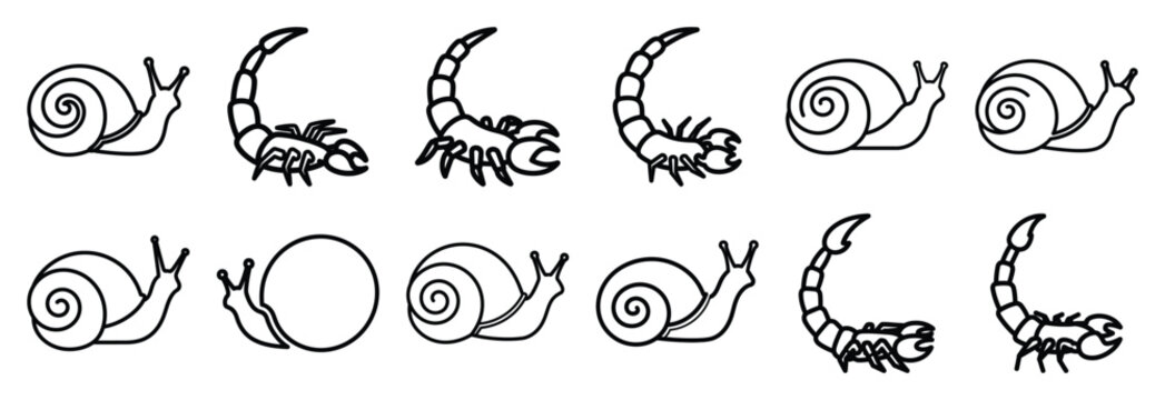 Collection of  snail spiral shell  line art icons on white background. Set of animal linear symbols. Vector illustration.
