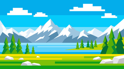 Obraz premium Minimalist Mountain Landscape with Blue Lake and Evergreen Forest Vector Illustration Flat Design