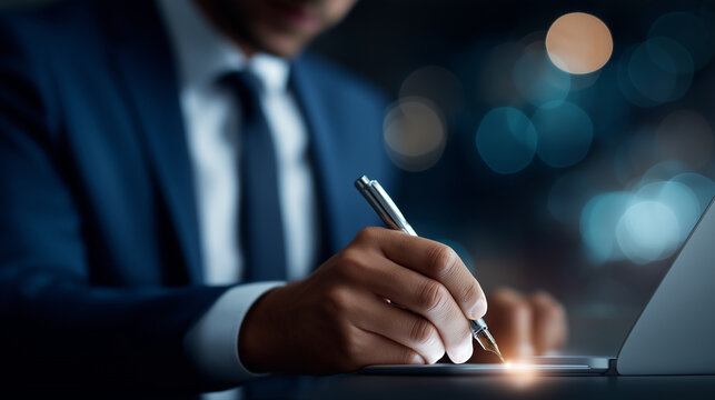 Faceless businessman using pen signing electronic documents digital documents virtual screen e signature concept paperless workflow secure authorization defocused background - Powered by Adobe