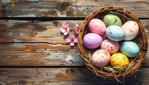 Korb mit bunten Ostereiern auf einem Holztisch