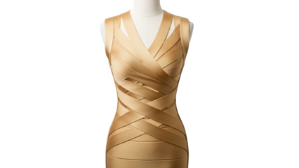 Elegant gold evening gown on mannequin