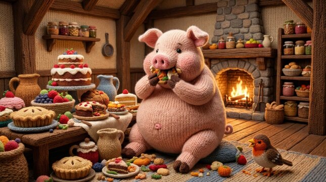 Knitted pig symbolizing gluttony in a cozy cabin setting, surrounded by an abundance of food dishes, for children story, seven deadly sin.
