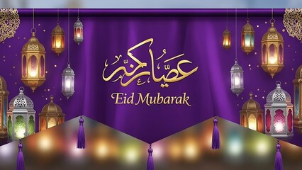 Eid mubarak celebration with traditional lanterns and arabic calligraphy