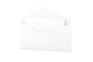 White open envelope with blank card mockup displaying invitation, communication, or message concept, transparent background