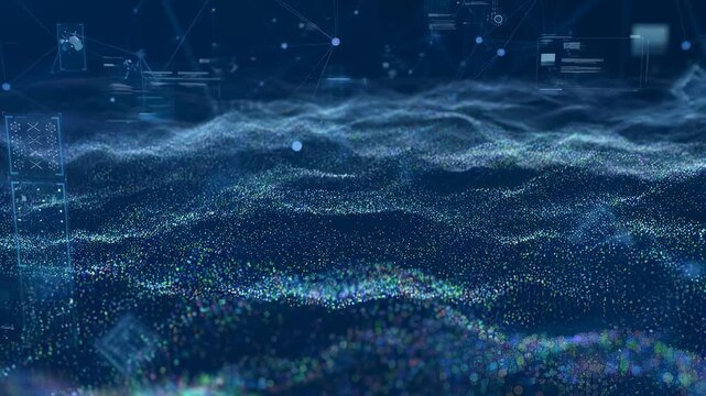 Abstract digital ocean waves with glowing particles and data overlays. Represents the convergence of technology and nature in a virtual environment