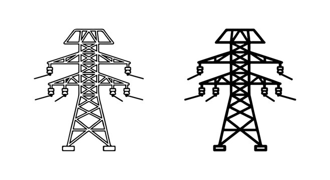 Power lines and electricity transmission tower silhouette icons vector illustration