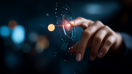 Concept fingerprint information security digital screen display biometric authentication cyber protection data privacy access control defocused background with copy space