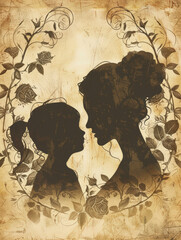 Silhouette of woman and her child. International Mothers Day, purity, love and harmony. Vintage style drawing. Copy space.
