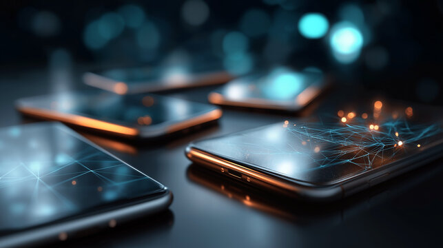 Smart technologies smartphone collection analysis big data processing digital information mobile intelligence technological innovation cyber analytics defocused background - Powered by Adobe