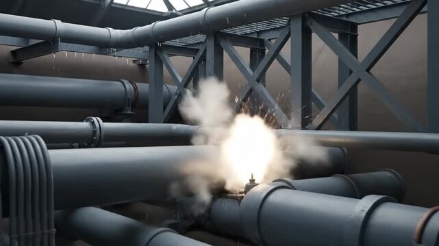Complex network of industrial pipes and l supports, creating an intricate system.