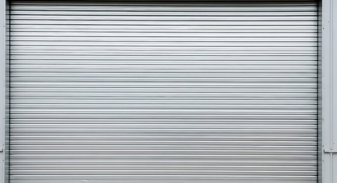 Closed metal security shutter door with horizontal slats on white background - Powered by Adobe