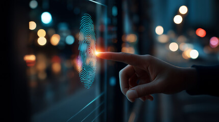 Concept fingerprint information security digital screen display biometric authentication cyber protection data privacy access control defocused background with copy space