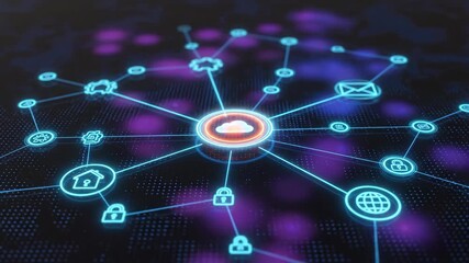 Conceptual cloud computing network diagram with glowing icons and data connections, Futuristic smart home IoT network with central cloud and connected devices - Powered by Adobe