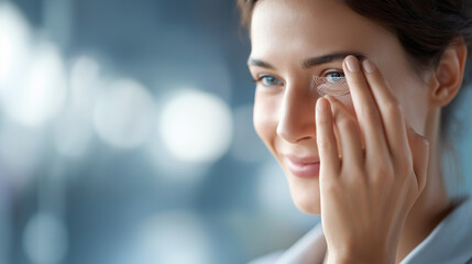 Closeup faceless woman eye process scanning biometric identification iris recognition security verification digital authentication cyber technology defocused background with