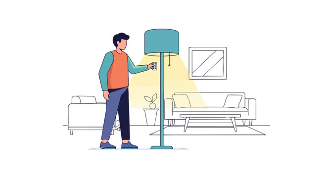 A modern individual activates interior illumination within a minimalistic home setting, casting a warm glow across contemporary living space decor