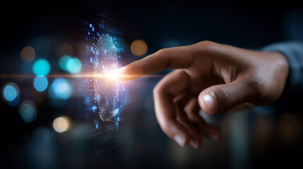 Concept fingerprint information security digital screen display biometric authentication cyber protection data privacy access control defocused background with copy space