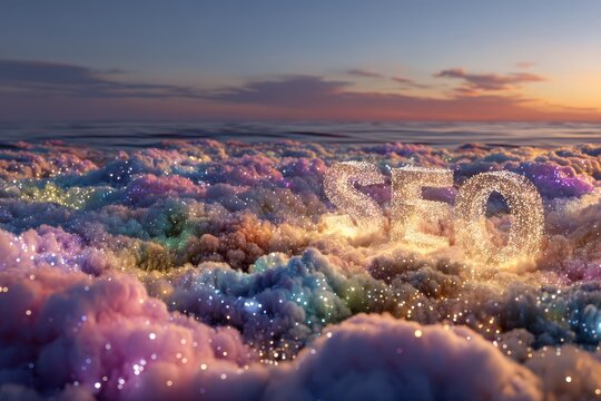 Enchanting Purple Cloudscape with Sparkling Letters Forming 'SEO' Against a Serene Sunset Background for Digital Marketing and Web Optimization Visuals - Powered by Adobe