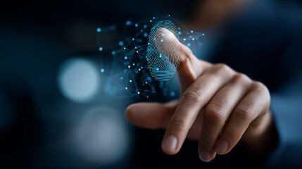 Thumbs up virtual fingerprint scan biometric identity access password thru fingerprints technology security system prevent hacker concept cyber defense defocused background