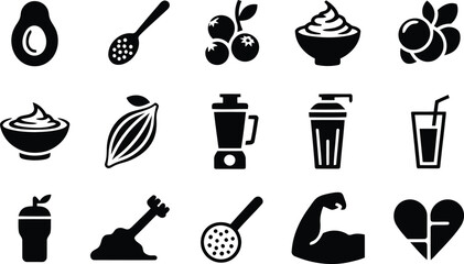 Collection of black silhouette healthy food and fitness icons for diet and exercise themes