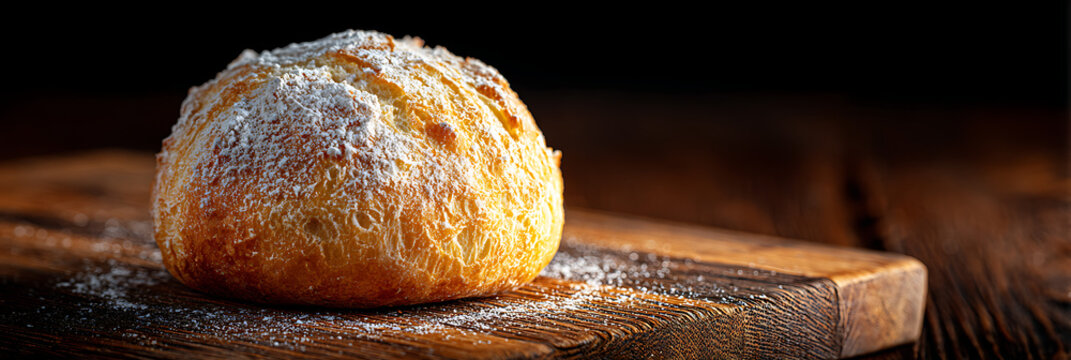 Artisan sourdough boule dusted with fine confectioners' sugar on a rustic dark wood cutting board, dramatic chiaroscuro lighting.
