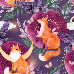 Fototapeta premium Seamless pattern with foxes, moon and forest plants. Hand painted watercolor illustration for textile, wallpaper, wrapping paper and kids designs. Dark night background.