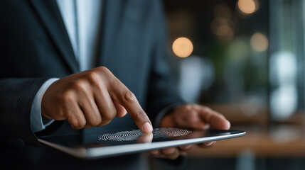 Faceless businessman using tablet fingerprint scanning unlock access business data network biometric identification cyber security protect business transaction online digital