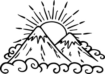Sun rising behind mountains with clouds and radiating light rays in black and white outline