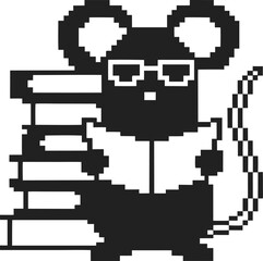 Fototapeta premium Pixel art mouse wearing glasses, reading book with stack of books beside it in retro