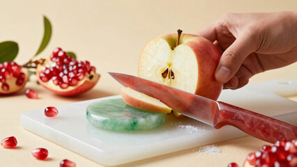 Fresh ripe red apple sliced on a white plate with a knife makes a healthy organic fruit snack for a delicious breakfast meal