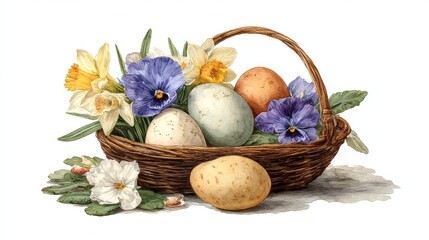 Colored Easter eggs nestled in a basket with spring flowers, watercolor illustration